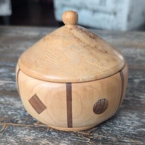 Hand-Turned Segmented Wood Trinket Box with Geometric Inlay & Lid